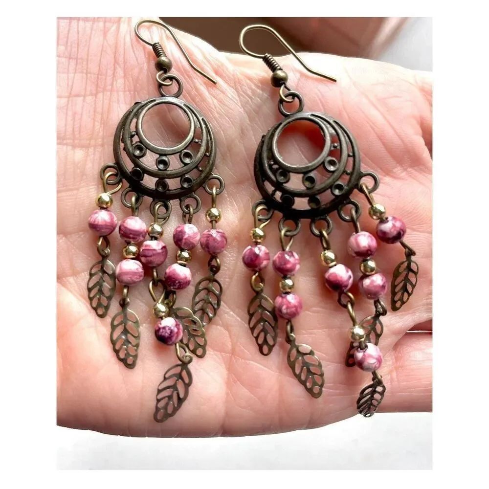 Dangle Earrings with pink and gold beads
